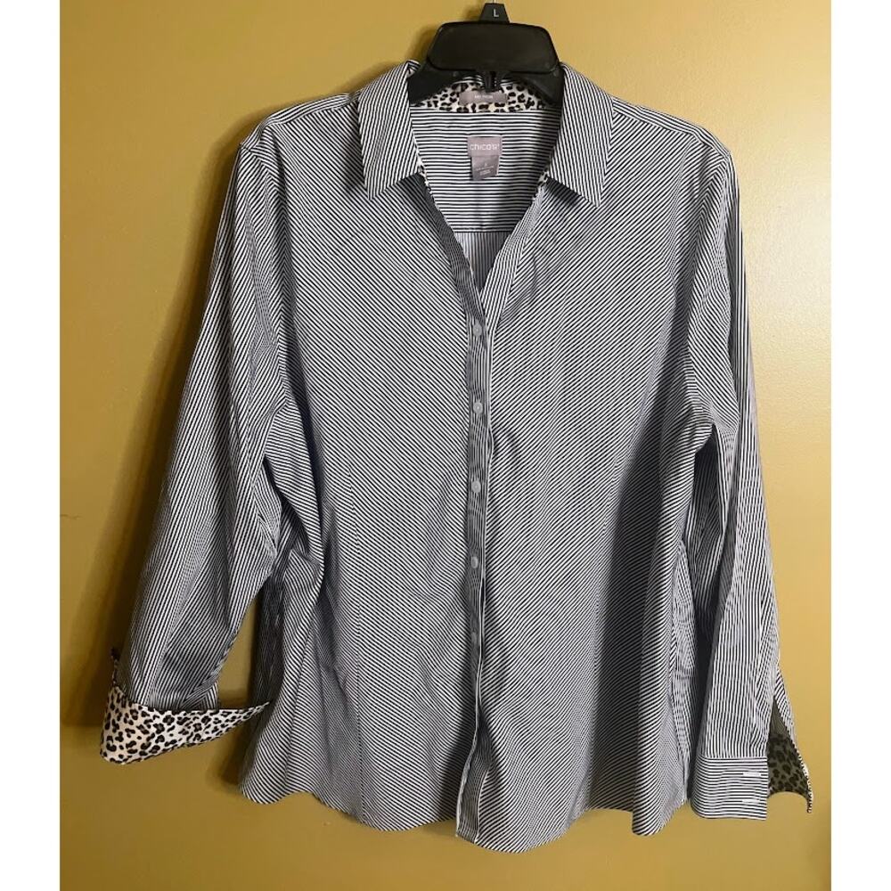 Chico's B&W Stripe with Leopard Trim Button‎ Up Blouse Size 16
